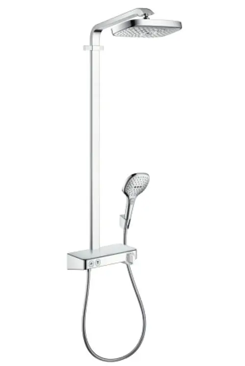 Showerpipe mit Regendusche und Handbrause von Hansgrohe. Einfache Bedienung über zentrale Steuerung. Chromoberfläche und flexibler Schlauch.